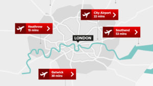 Carte des distances de l'aéroport de Londres à partir de 2019